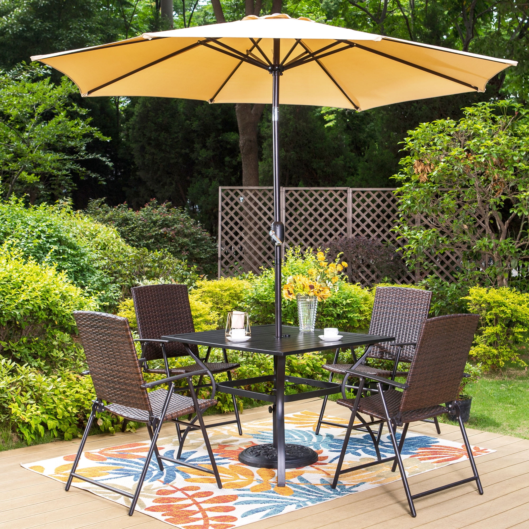 MF Studio 6 Piece Outdoor Dining Set with 4 Rattan Chairs 1 Metal Dining Table and Beige Umbrella Walmart