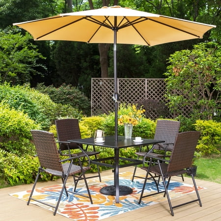 MF Studio 6 Piece Outdoor Dining Set with 4 Rattan Chairs, 1 Metal Dining Table and Beige Umbrella