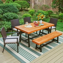 MF Studio 6-Piece Outdoor Dining Set with Acacia Solid Wood Table, Bench & Wicker Chairs, 6-Person Patio Seating Group with Cushions, Black & Brown