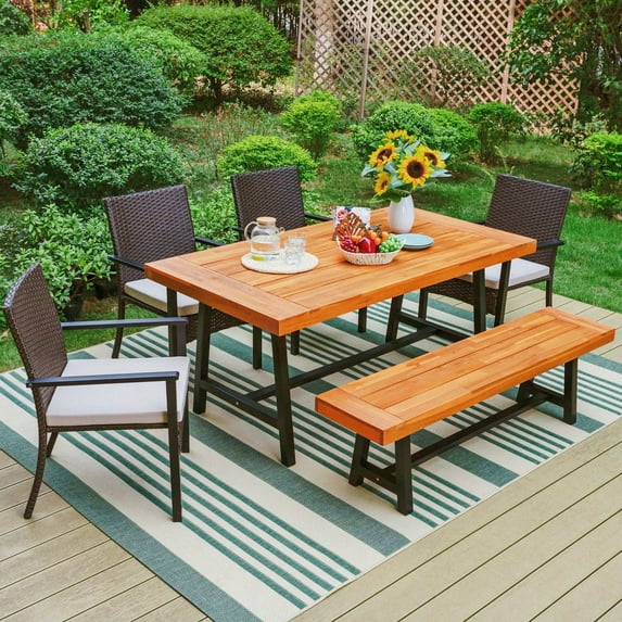 MF Studio 6-Piece Outdoor Dining Set with Acacia Solid Wood Table, Bench & Wicker Chairs, 6-Person Patio Seating Group with Cushions, Black & Brown