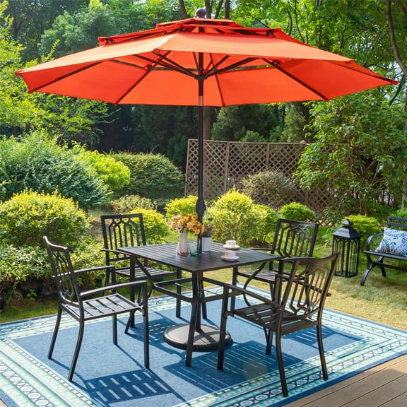 MF Studio 6-Piece Outdoor Patio Dining Set with 10 ft Umbrella , 4 Stacking Chairs & Square Table, All Weather Metal Steel & Orange Red Umbrella