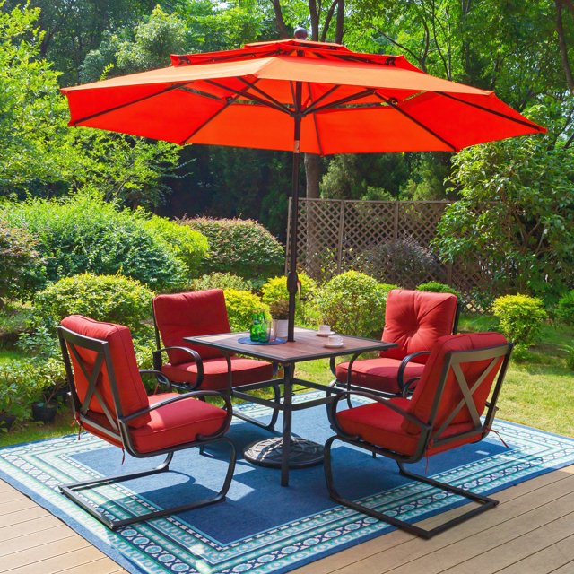 MF Studio 6Piece Outdoor Patio Set with 10 ft Umbrella, CSpring Rocking Chairs & Faux Wood