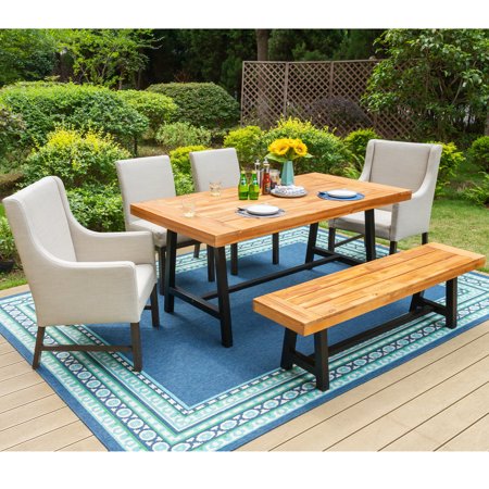 MF Studio 6-Piece Patio Dining Set with 4 PCS Cushion Padded Parsons Chairs, Solid Wood Bench&Large Solid Wood Table for Dinner&Party, Beige