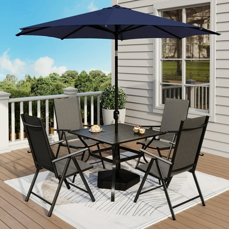 MF Studio 6-Piece Patio Dining Set with Umbrella, 7-Level Adjustable High-Back Aluminum Folding Sling Chairs, Square Table, Black and Navy Blue