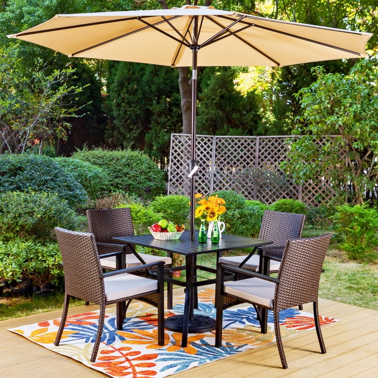 buy now pay later patio furniture umbrella and table set PHI VILLA Outdoor Round w/Umbrella, 5pc Metal From intimate breakfasts to lively evening gatherings Black Metal Patio Furniture Table