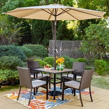 MF Studio 6-Piece Patio Set with Umbrella, Wicker Chairs & Square Table for Dinner, Party & Conversation, Brown & Beige