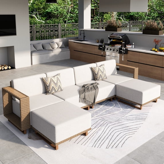 MF Studio 6-Piece Wicker Patio Furniture Set, Outdoor Sectional Conversation Sofa with 2 Ottomans, Beige