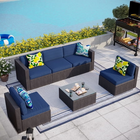 MF Studio 6 Pieces Patio Conversation Set Outdoor Furniture Sectional Wicker Sofa Set with Navy Blue Cushions