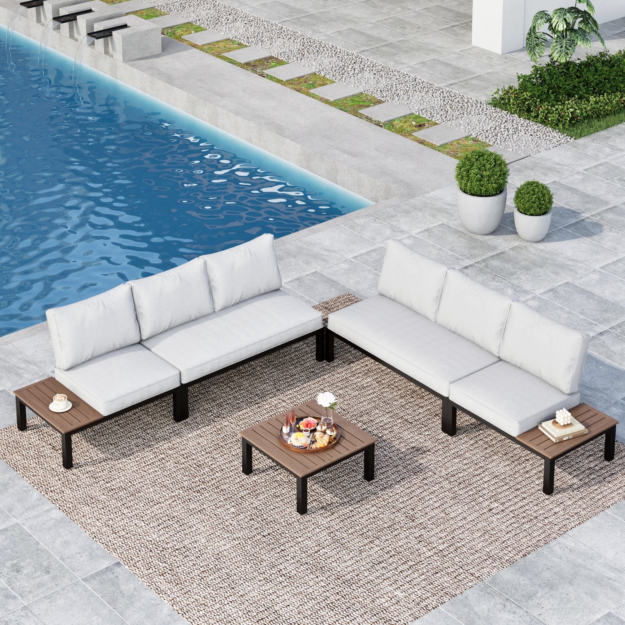 MF Studio 6-Seat Outdoor Patio Furniture Set, Outdoor Sectional Conversation Set with Full Set Cushions & Wood Coffee Table, Black & Light Gray