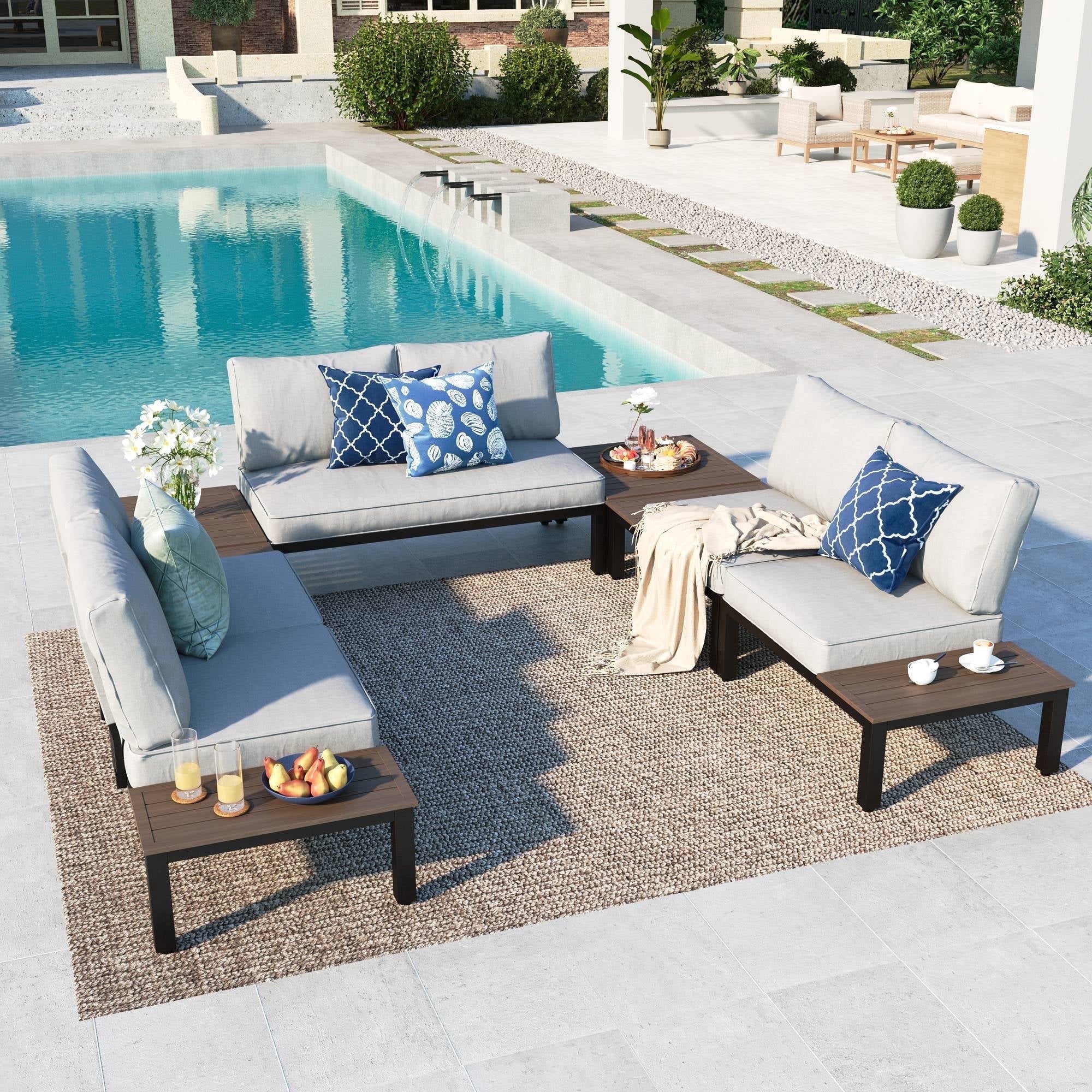 MF Studio 6-Seat Outdoor Patio Conversation Set, Outdoor Sectional Sofa with Full Set Cushions & Wood Coffee Table, Black & Light Gray