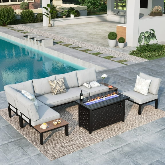 MF Studio 6-Piece Outdoor Patio Furniture Set with 45" Fire Pit Table, 6-Seat Outdoor Patio Sectional Conversation Set, Patio Fire Pit Set for 6 People, Black & Light Gray
