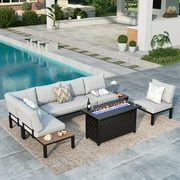 MF Studio 6-Piece Outdoor Patio Furniture Set with 45" Fire Pit Table, 6-Seat Outdoor Patio Sectional Conversation Set, Patio Fire Pit Set for 6 People, Black & Light Gray