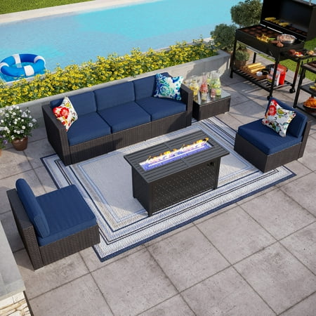 MF Studio 7 PCS Outdoor Patio Furniture Set with 45-Inch 50,000 BTU Fire Pit Table (Navy Blue)