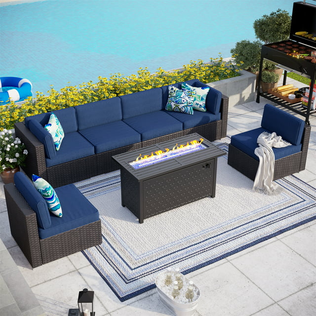 MF Studio 7 PCS Outdoor Patio Furniture Set with 45-Inch 50,000 BTU Fire Pit Table Patio Conversation Set with Navy Blue Cushions