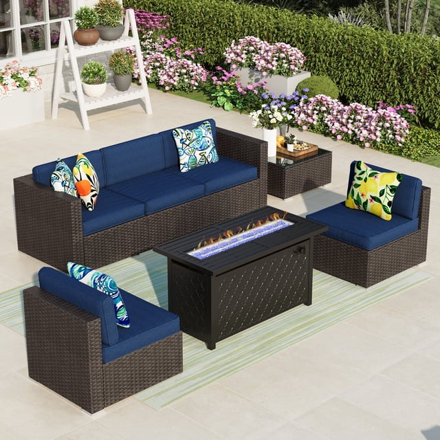 MF Studio 7 PCS Outdoor Patio Furniture Set with Fire Pit Table Wicker