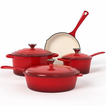 MF Studio 7-Piece Enameled Cast Iron Cookware Sets, Heavy Duty Ceramic Coated Pots and Pans Set, Red Dutch Ovens Set