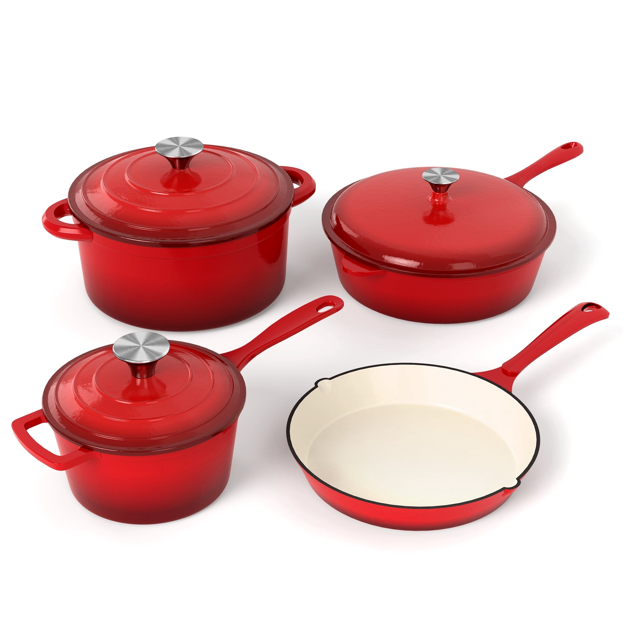MF Studio 7-Piece Enameled Cast Iron Cookware Sets, Heavy Duty Ceramic Coated Pots and Pans Set, Red Dutch Ovens Set