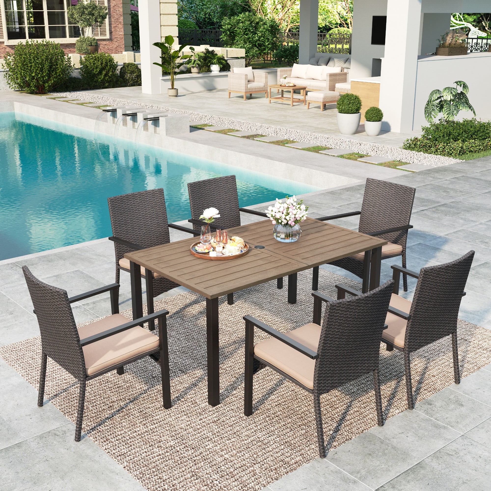 MF Studio 7-Piece Metal Outdoor Patio Dining Set Cushioned Chairs