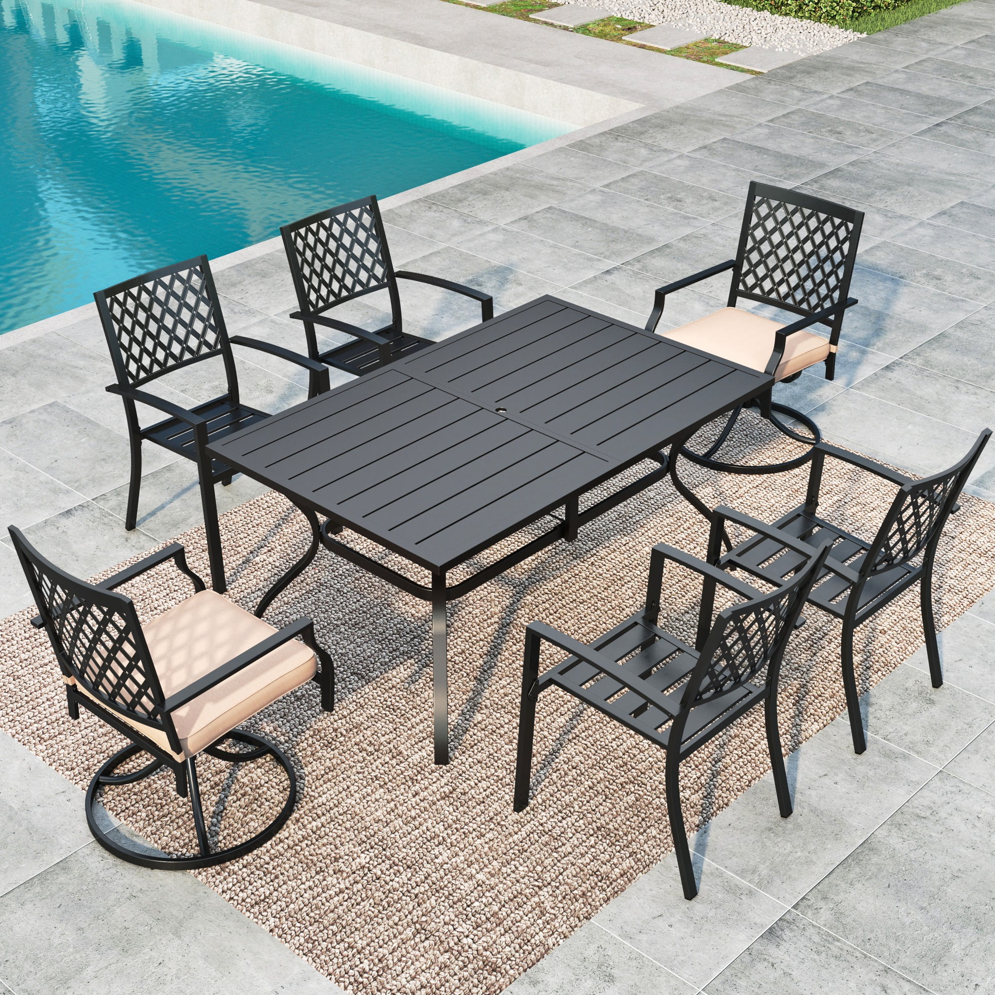 MF Studio 7-Piece Outdoor Dining Set with 2 Swivel Padded Chairs, 4 Stacking Chairs &  6-Person Table with Umbrella Hole, Black & Beige
