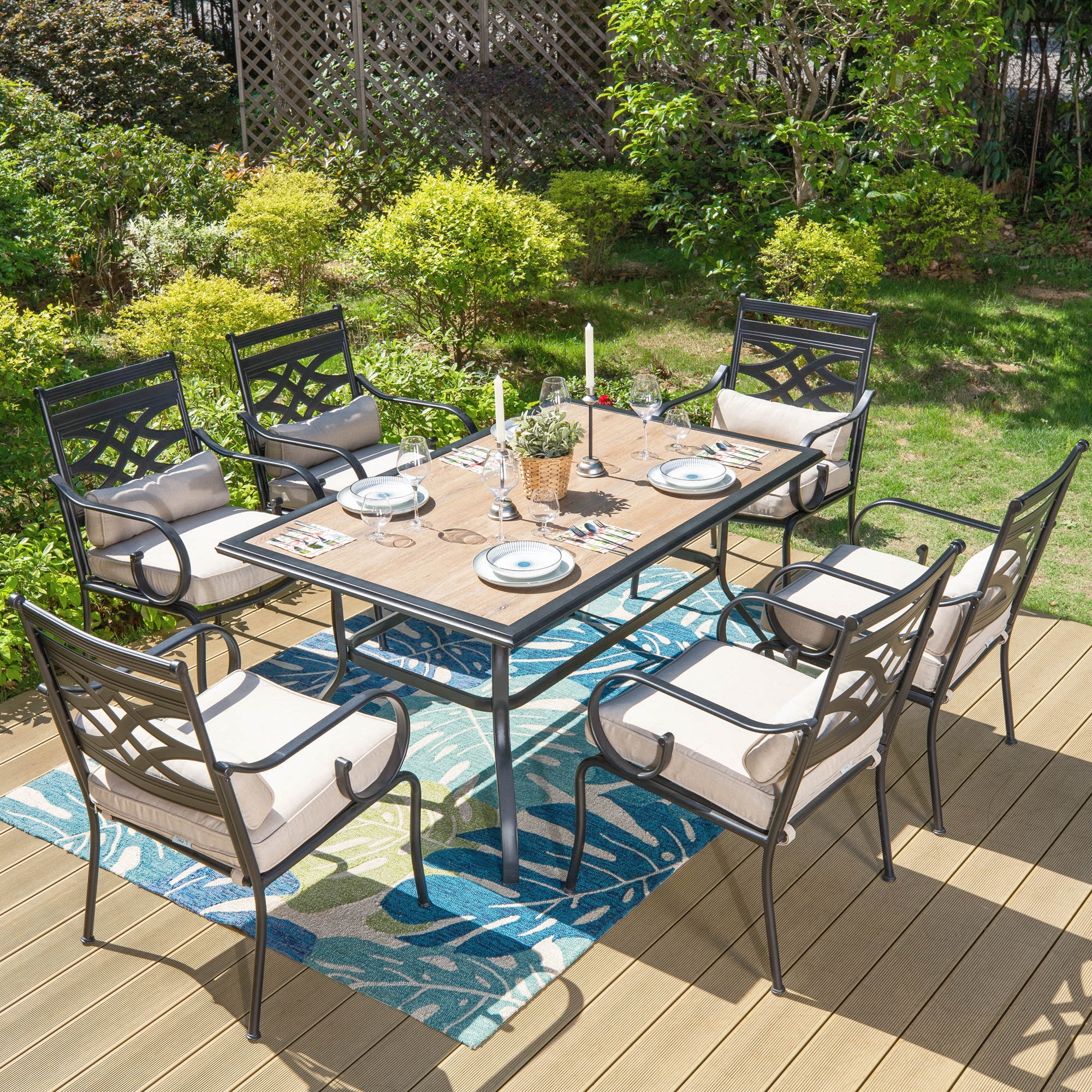 MF Studio 7 Piece Outdoor Dining Set with Cushioned Chairs Rectangle Table for 6 Person Black Beige