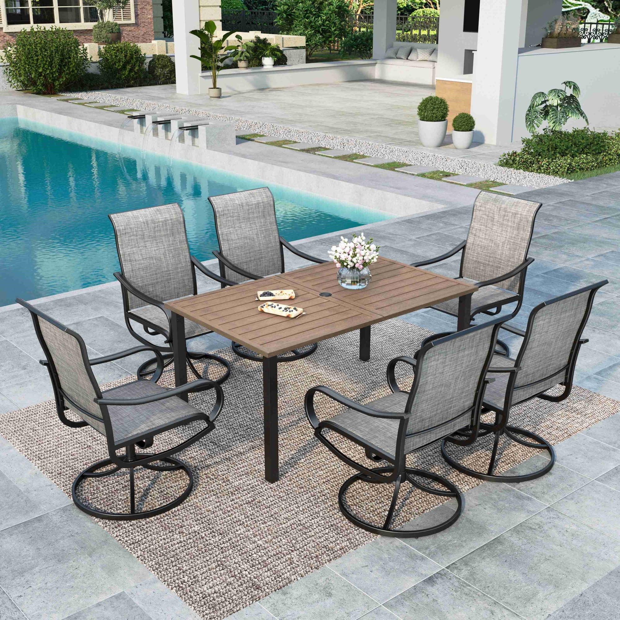 MF Studio 7-Piece Metal Outdoor Patio Dining Set, 6 Textilene Swivel ...