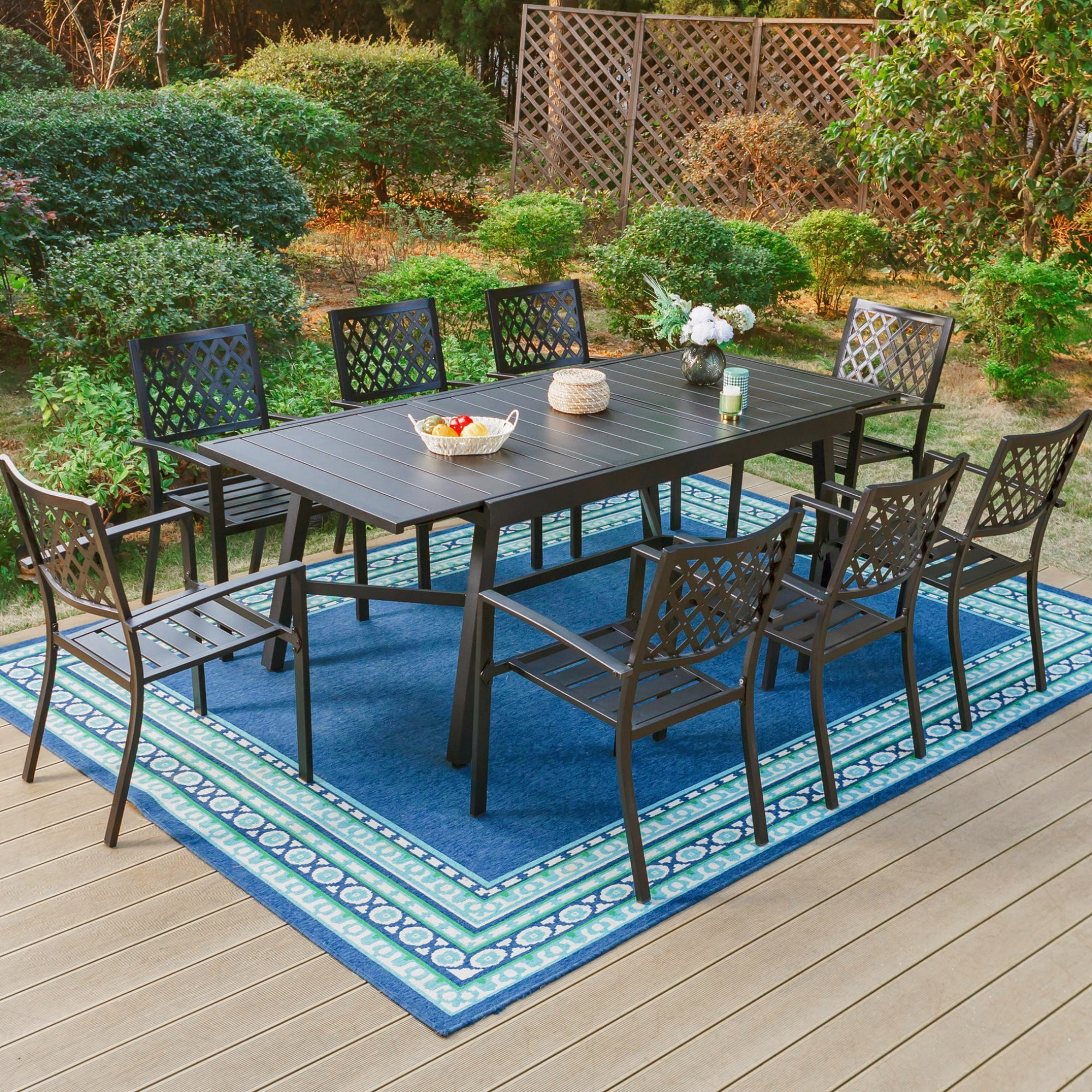 MF Studio 9-Piece Outdoor Patio Dining Set with Large Expandable Table & Stacking Chairs for 8, Black