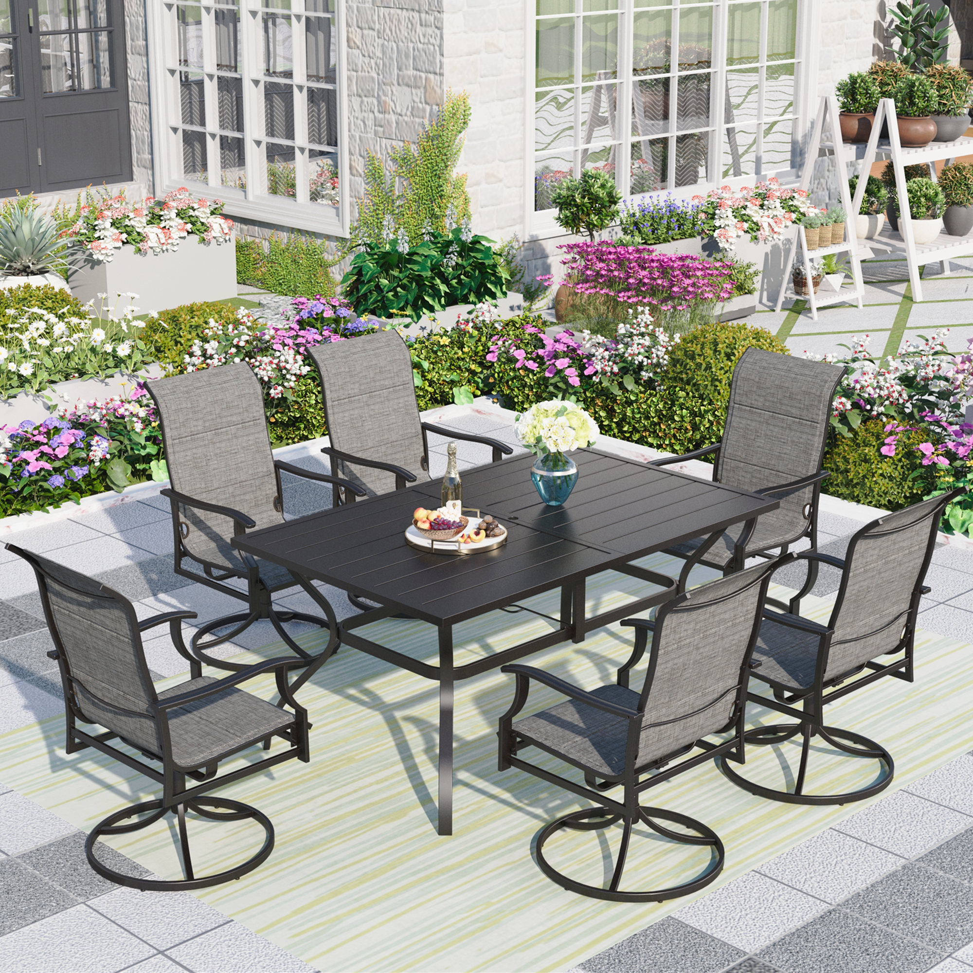 Biscayne Black Round 5 Pc Outdoor Dining Table & 4 Swivel Rocking