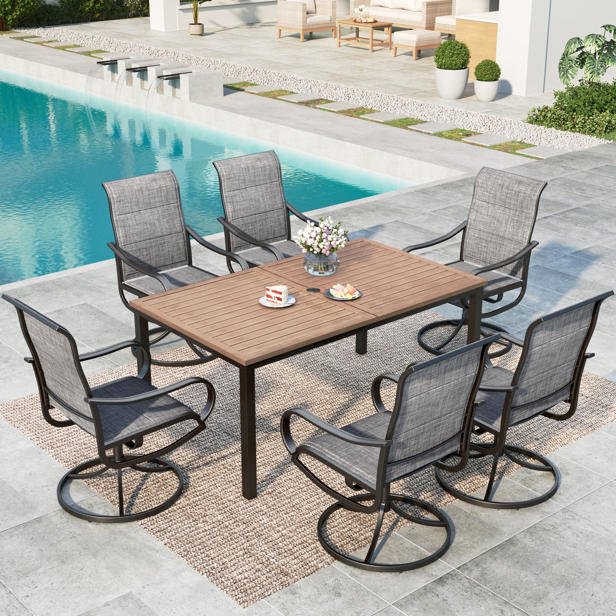 MF Studio 7 Piece Outdoor Dining Set with High Back Swivel Padded Chairs Wood Like Table for 6 Person Black Brown Gray