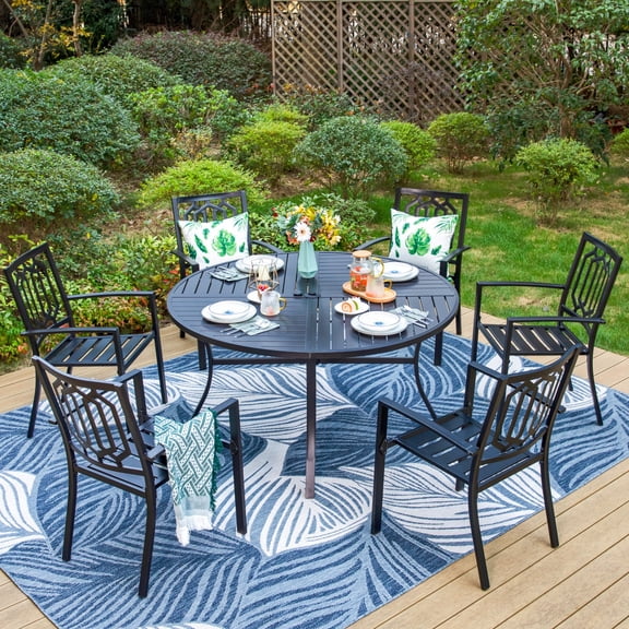 MF Studio 7-Piece Outdoor Dining Set with Large Round Patio Table & Stacking Chairs, Metal Steel, Black
