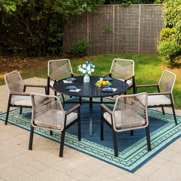 MF Studio 7-Piece Outdoor Dining Set with 54" Round Table & Rattan Chairs for 6-Person, Black and Beige