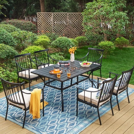 MF Studio 7-Piece Outdoor Patio Dining Set with Cushioned Chairs & 6-Person Table with Umbrella Hole, All-Weather, Black & Beige