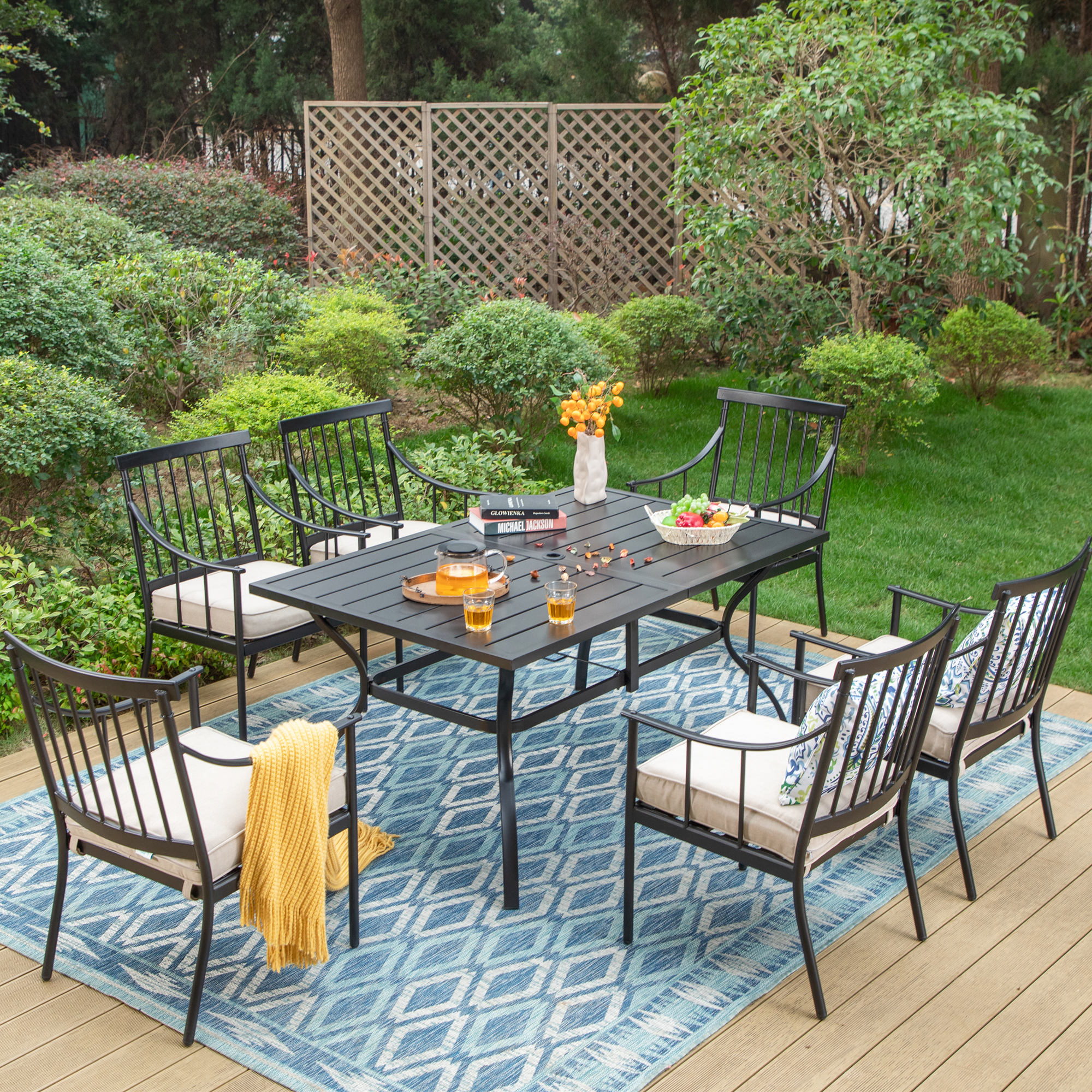 Bowen 7-Piece Outdoor Cast Aluminum Rectangular Dining Set, Black Sand ...