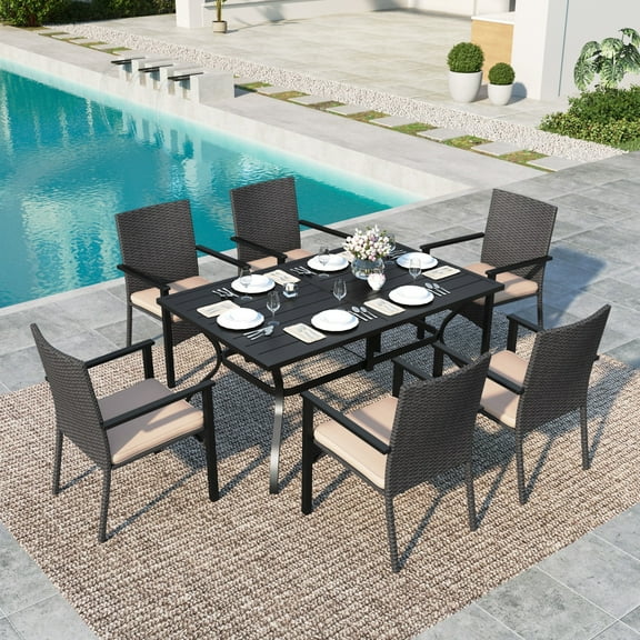 MF Studio 7-Piece Outdoor Dining Set with Six Wicker Cushioned Chairs & Rectangular Table, Black & Dark Brown
