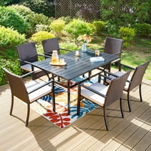 MF Studio 7-Piece Outdoor Dining Set with Six Wicker Cushioned Chairs & Rectangular Table, Black & Dark Brown