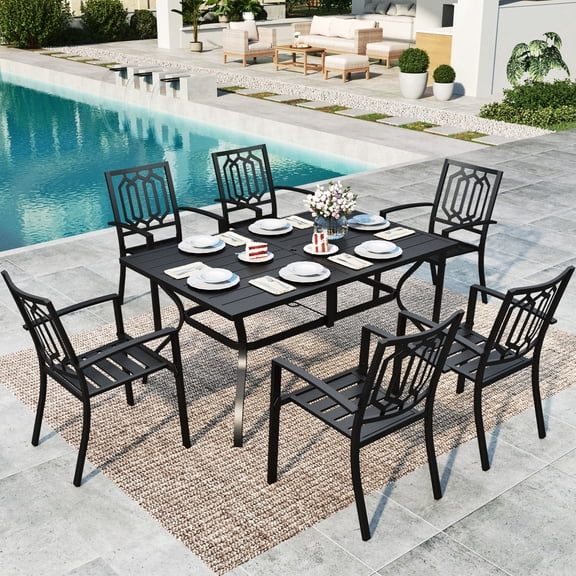 SUMMIT LIVING 7-Piece Outdoor Patio Dining Set with Stack-able Chairs for 6-Person, All-Weather Metal Steel, Black