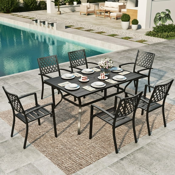 MF Studio 7-Piece Outdoor Dining Set with Stack-able Chairs for 6-Person, All-Weather Steel Furniture, Black