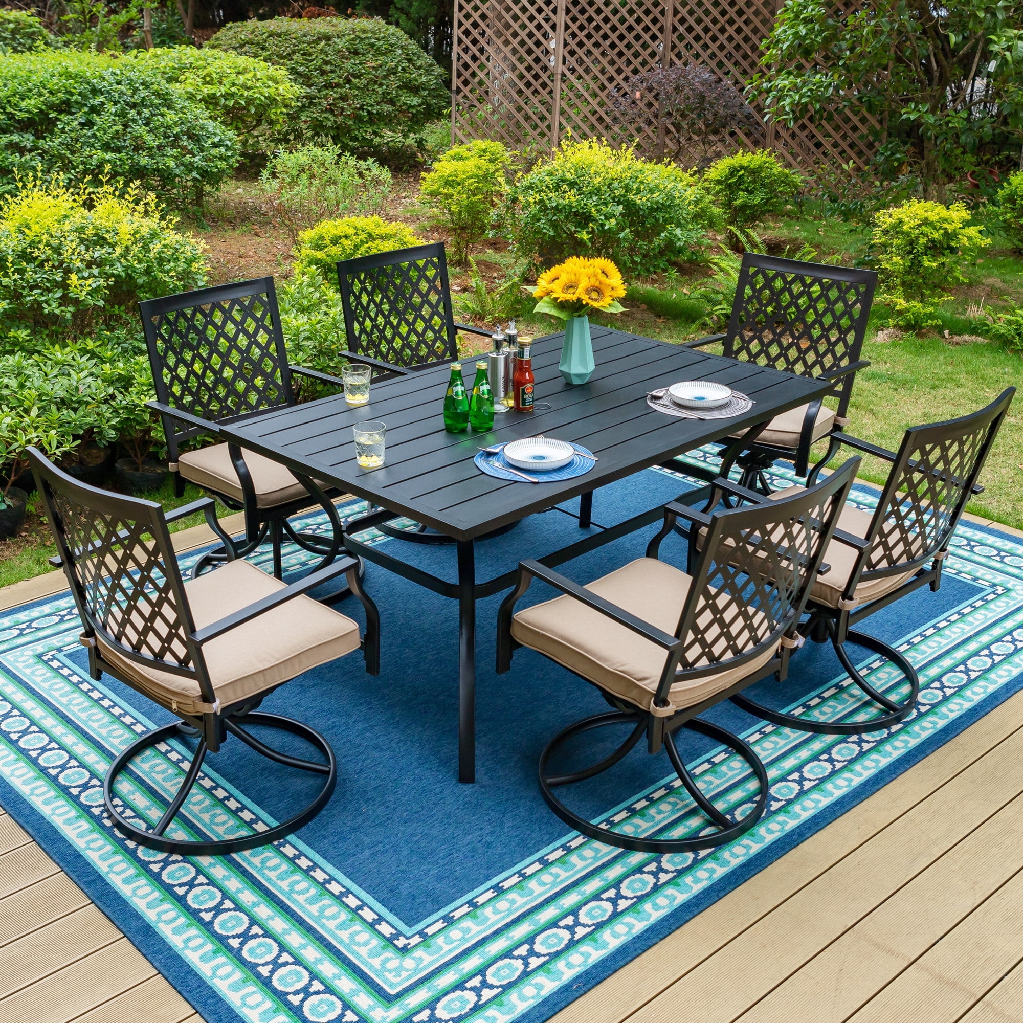 MF Studio 7-Piece Outdoor Dining Set with Swivel Cushioned Chairs & 6-Person Table with Umbrella Hole, Black & Beige