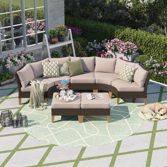Summit L 7 Piece Outdoor Patio Conversation Set Outdoor Furniture Set Sectional Sofa with Beige Cushions
