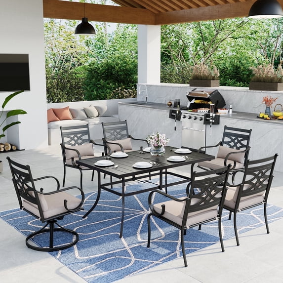 MF Studio 7-Piece Outdoor Patio Dining Set with 4 Pieces Ding Chairs, 2 Pieces Swivel Chairs with Removable Cushions & Pillows & 1 Piece Rectangle Metal Table