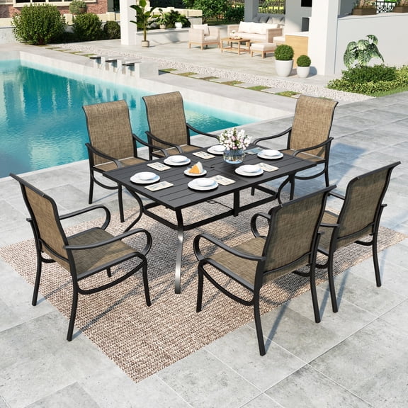 MF Studio 7-Piece Outdoor Patio Dining Set, 60" Metal Patio Table and Textilene Chairs, Black & Brown-gray