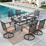 7-Piece Outdoor Patio Dining Set with Swivel Cushioned Chairs & 6 Person Table, All Weather Metal Steel Furniture, Black & Beige