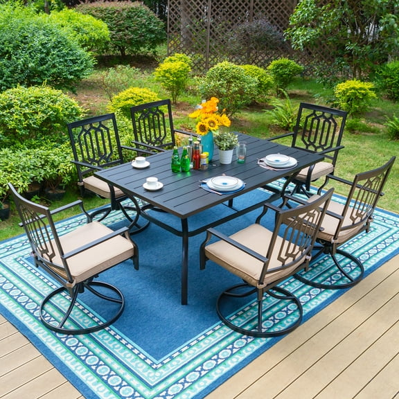 MF Studio 7 Piece Outdoor Patio Dining Set Metal Furniture with 6 Swivel Padded Chairs and 1 Rectangular Dining Table, Beige Cushion