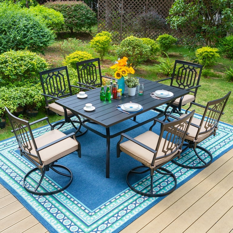 Mf Studio 7 Piece Outdoor Patio Dining Set Metal Furniture with 6 Swivel Padded Chairs and 1 Rectangular Dining Table Beige Cushion