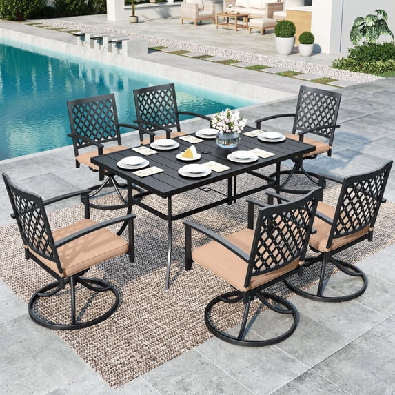 SUMMIT LIVING 7-Piece Outdoor Patio Dining Set with Swivel Cushioned Chairs & 6 Person Table, Black