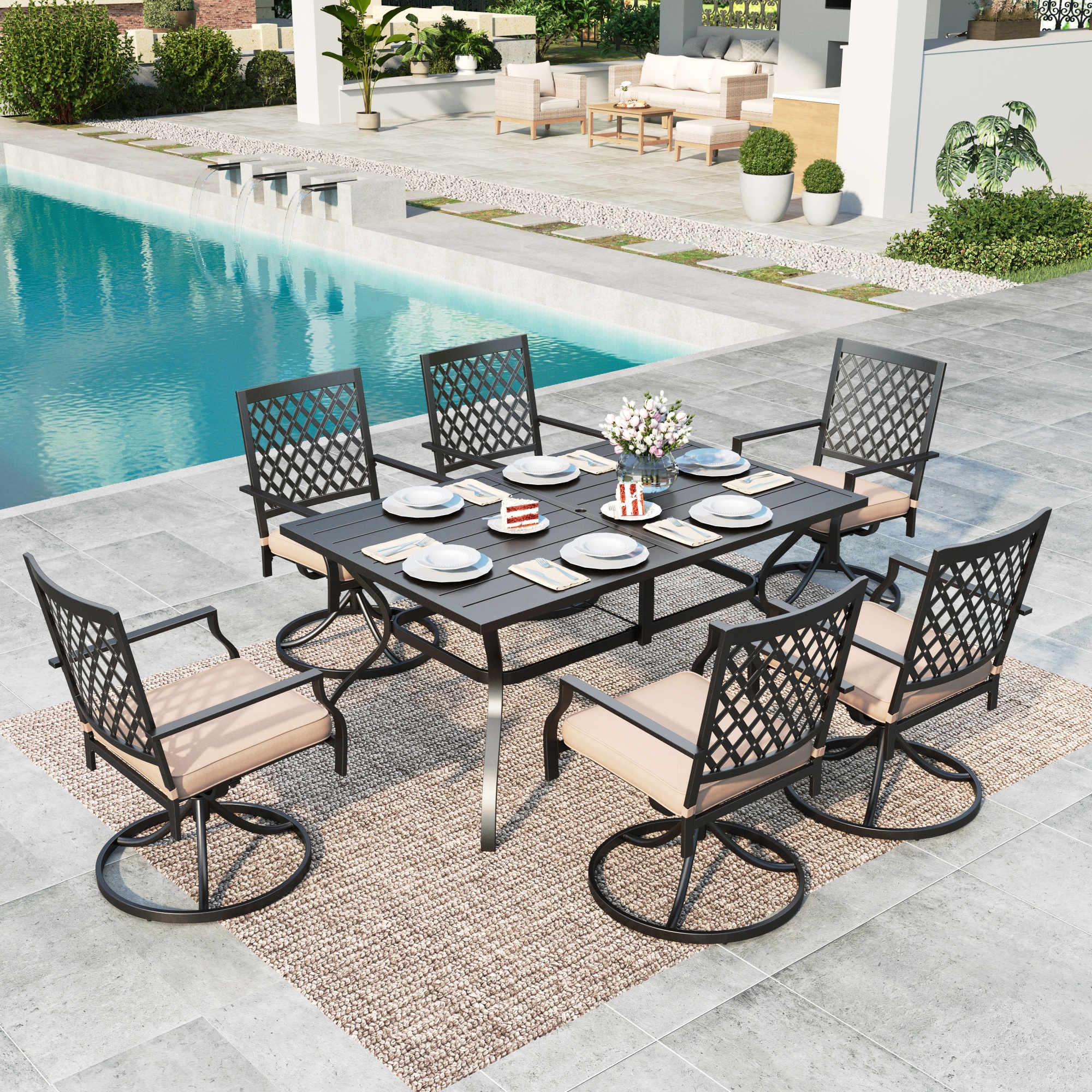 MF Studio 7 Piece Outdoor Patio Dining Set Metal Furniture with 6 Swivel Padded Chairs and 1 Rectangular Dining Table, Beige Cushion - image 1 of 18