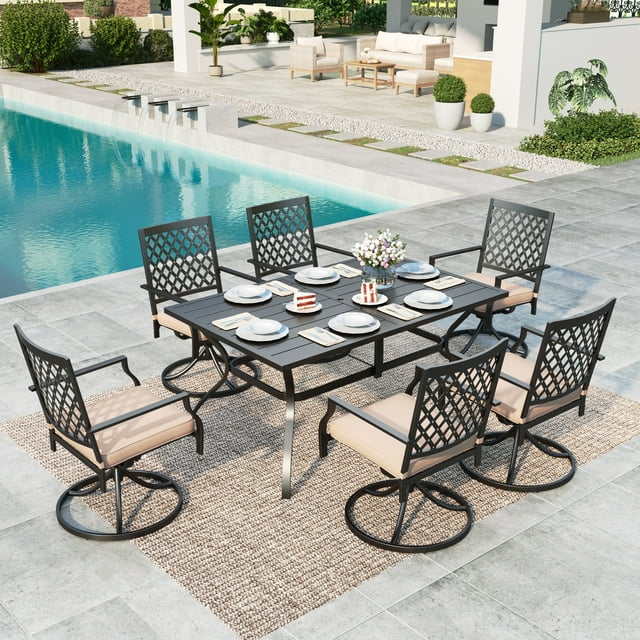 MF Studio 7 Piece Outdoor Patio Dining Set Metal Furniture with 6 Swivel Padded Chairs and 1 Rectangular Dining Table, Beige Cushion