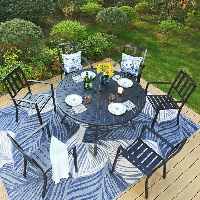 MF Studio 7-Piece Outdoor Dining Set with Large Round Patio Table & Stacking Chairs, Metal Steel, Black