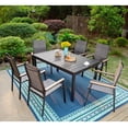 thumbnail image 1 of MF Studio 7-Piece Outdoor Patio Dining Set, Modern Aluminum Stackable Textilene Armchairs with Wood-like Arms & Large Extendable Table, Gray & Black, 1 of 20