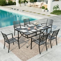MF Studio 7-Piece Outdoor Patio Dining Set Modern Steel Furniture with 6 Slatted Armchairs and 1 Rectangular Table, Black