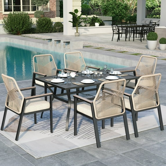 MF Studio 7-Piece Outdoor Patio Dining Set, 60" Rectangular Table with Rattan Rope Patio Chairs, Black and Beige